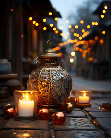 Lanterns and burning candles on the street at Christmas timeの素材