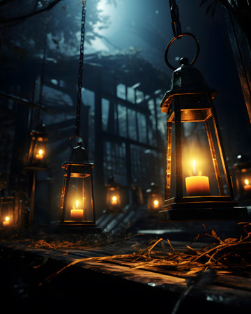 Lanterns in a cemetery at night. Halloween concept.の素材