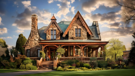 3D rendering of a brand new luxury house in the garden.の素材