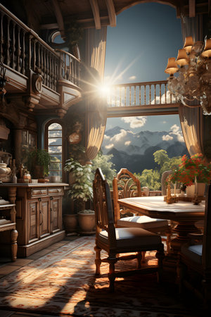 Interior of a restaurant with a view of the mountains. 3d renderingの素材