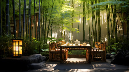 Beautiful bamboo garden with table and chairs in the morning light.の素材