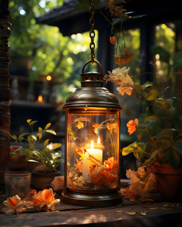 Lantern with burning candle on a wooden table in the gardenの素材
