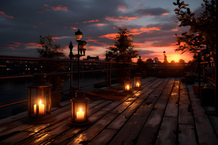 Lanterns on the bridge at sunset. 3d renderingの素材
