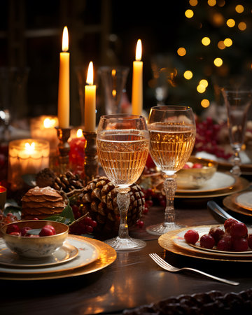 Festive table setting with glasses of champagne, candles and Christmas decorationsの素材