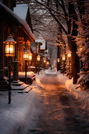 Winter night in the city. Street lanterns and snowdrifts.の素材