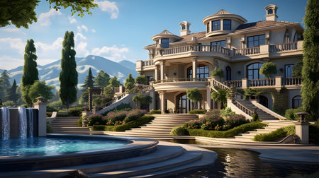3D render of a luxury villa with swimming pool and beautiful landscapingの素材