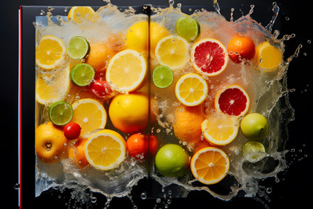 Citrus fruits in ice with water splash on black background.の素材