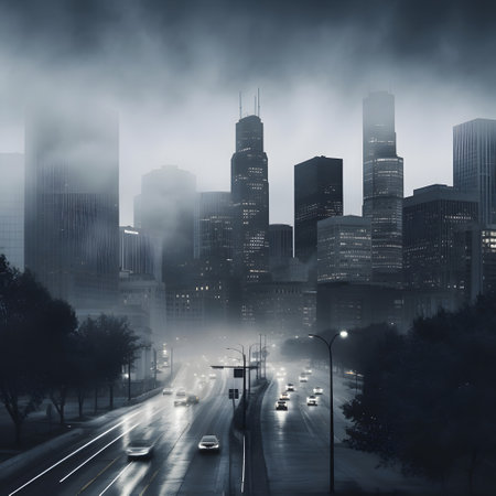 Dramatic cityscape of Chicago downtown at night with fog.の素材
