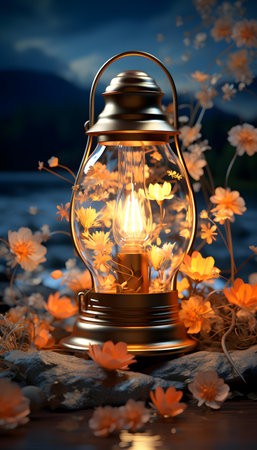 Lantern with flowers on the background of the evening landscape.の素材