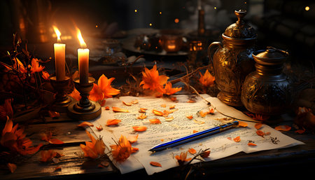 Still life with books, candlesticks, flowers and burning candlesの素材