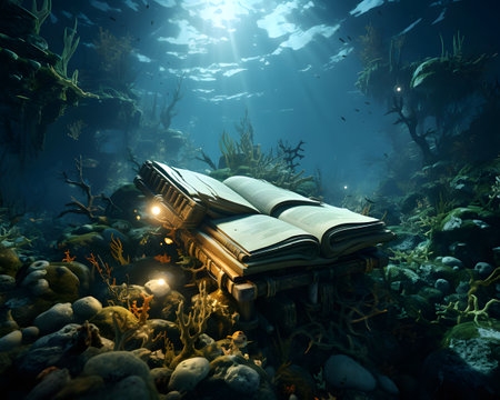 Old book on a coral reef in the sea. Underwater world.の素材