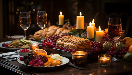Table set for Christmas dinner with variety of food on wooden tableの素材