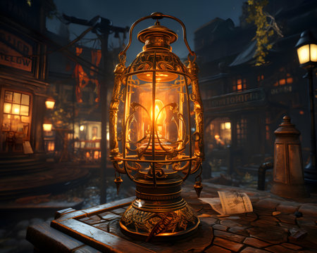 Lantern in the old town at night. 3D renderingの素材