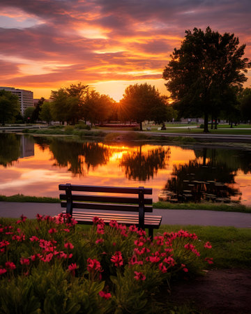 Beautiful sunset over the lake with a bench in the park.の素材