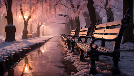 Bench in the park at night with lanterns and falling snow.の素材