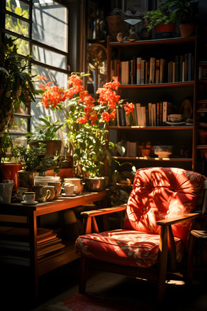 Interior of a cozy living room with armchair, bookshelves and flowersの素材