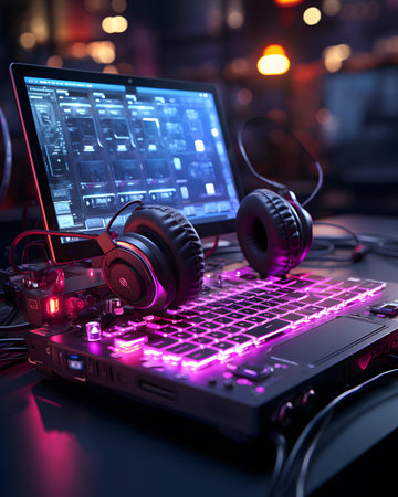 DJ mixer and headphones on the table in nightclub. 3d renderingの素材