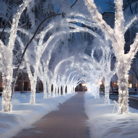 Frosted trees in winter park at night, Moscow, Russiaの素材