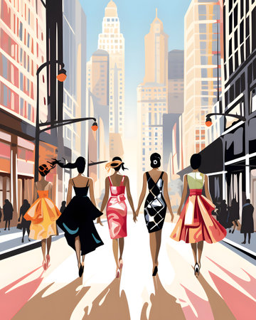 Fashionable young women walking in the city. Vector illustration.の素材