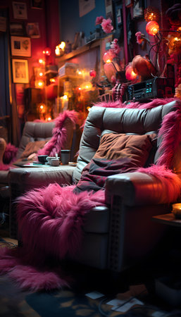 Interior of a cozy room with a sofa and a lamp.の素材