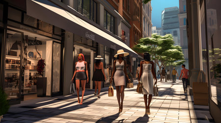 Group of beautiful young women walking in the city. 3d renderingの素材