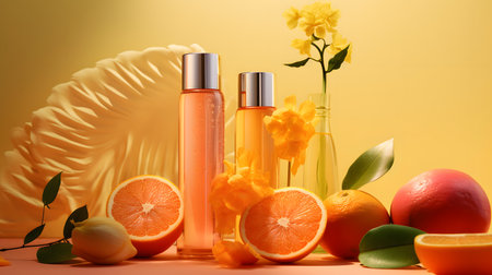bottle of perfume with citrus fruits and flowers on yellow background.の素材