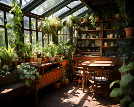 Interior of a cozy terrace in a country house with plantsの素材