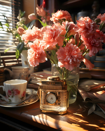 Vintage alarm clock, coffee cup and bouquet of pink carnation flowers on windowsillの素材