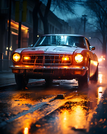 Old car in the rain on the street at night. Shallow depth of fieldの素材