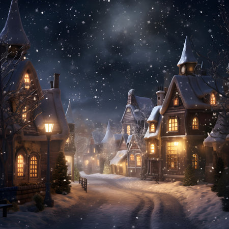 Winter night in the village. Winter fairy tale. Christmas background.の素材