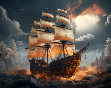 Pirate ship in a fantasy landscape. 3d render illustration.の素材