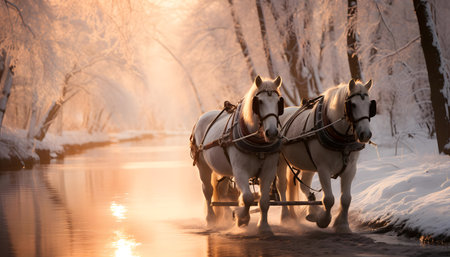 Two white horses with a cart on the bank of a frozen riverの素材