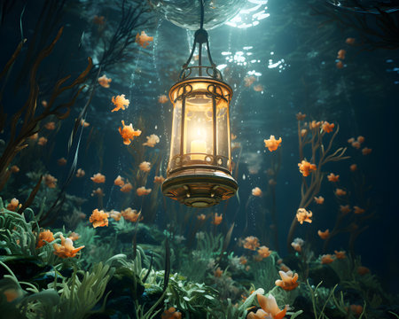 Lantern in the underwater world. 3d rendering. Computer digital drawing.の素材