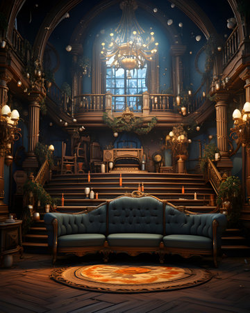 Luxury interior of an old house with a blue sofa.の素材