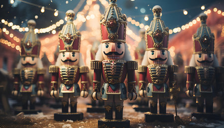 Christmas market with traditional figurines of soldiers on the background of the Christmas tree.の素材