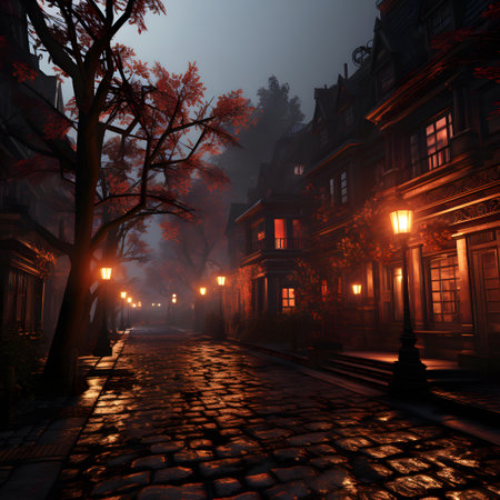 Halloween street with old buildings in the fog, 3d renderの素材