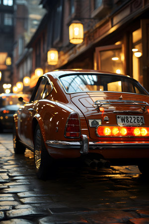 Luxury vintage car parked in London at night.の素材