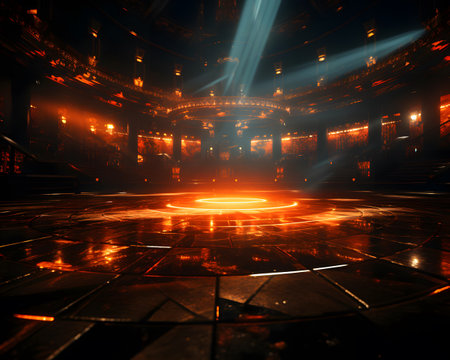 Futuristic dark room with lights and spotlights. 3D renderingの素材