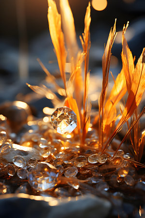 Beautiful crystal jewelry on the beach at sunset, close-upの素材