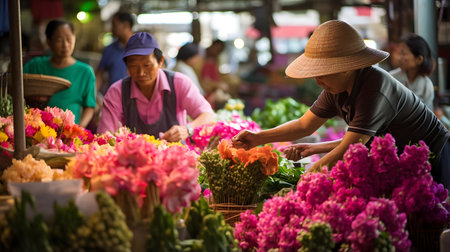 Thai people selling flowers at the street market in Bangkok, Thailand.の素材