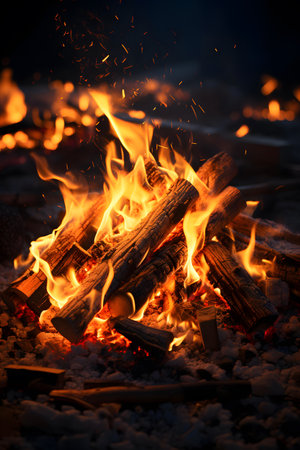 Burning firewood in the campfire, close-up.の素材