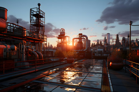 Industrial landscape with oil refinery at sunset. 3D rendering.の素材