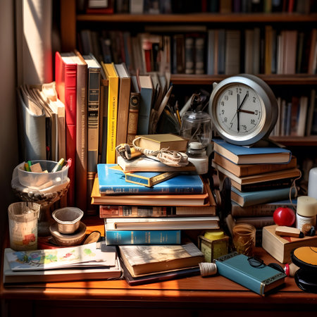 Books and alarm clock on the bookshelf in the library.の素材