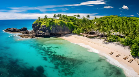 Tropical beach with palm trees and turquoise water at Seychellesの素材