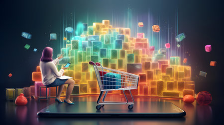Young woman with shopping cart and colorful cubes in the background. 3d renderingの素材