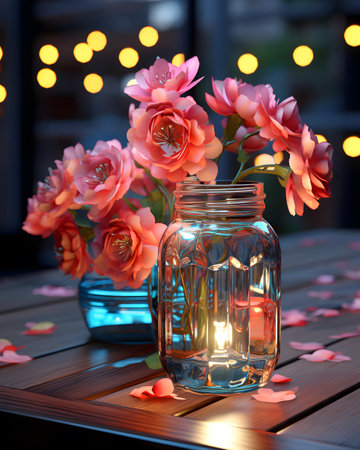 Beautiful flowers in a glass vase on a wooden table.の素材