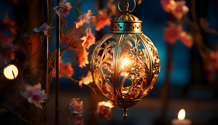 Lantern with burning candles on the background of blooming flowersの素材