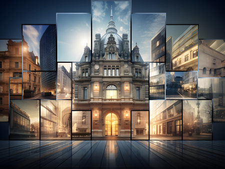 Collage of images of buildings and streets of London, England.の素材