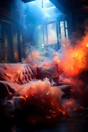 The interior of the room is burning with fire and smoke. The interior of the room with a sofa and a window.の素材