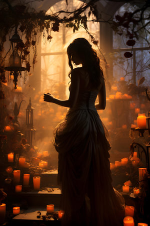 Young beautiful woman in a long dress standing in a dark room with candlesの素材